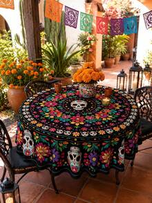 1PC Day Of The Dead Round Table Cloth, Colorful Sugar Skull Floral Print Polyester Tablecloth, Mexican Style Dining Table Cover For Kitchen, Dining Room, Day Of The Dead Party, Halloween, Holiday Gathering And Indoor Outdoor Home Decor - Multicolor - View 5