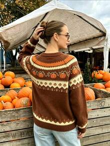Autumn/Winter Halloween Pumpkin Pattern Knit Cardigan, Loose Fit Slimming Round Neck Button Sweater Jacket For Women - Multicolor - View 5