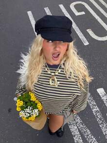 1pc Women's Solid Color Knitted Anchor Pattern Newsboy Cap, Fashionable Korean Style, Suitable For Daily Wear And Matching - Black - View 1