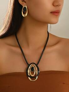 3pcs/Set Retro Geometric Oval Black Golden Pendant Necklace +Earrings , Contrast Color Rope Chain Women's Jewelry For Party Daily Wear Vacation Dates - Gold Black - View 2