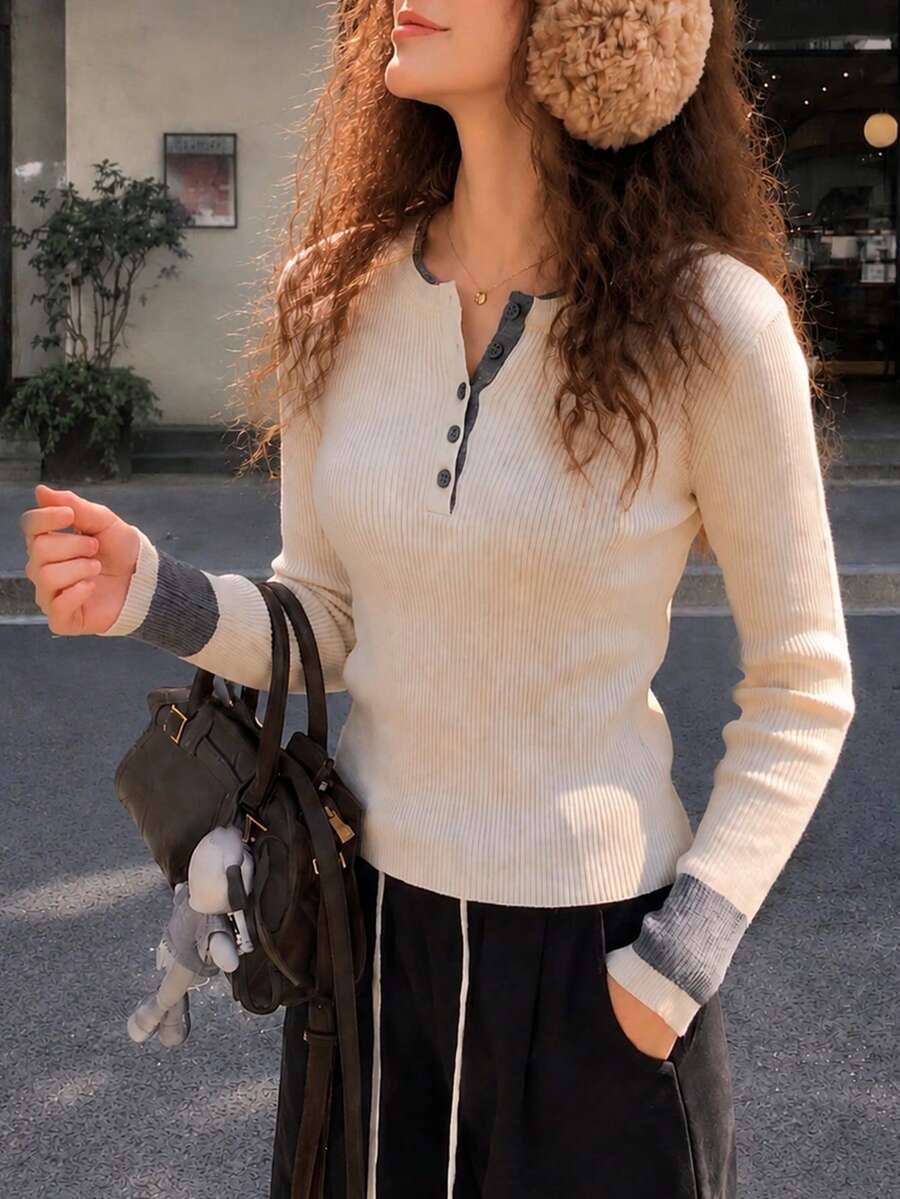 女款新款羅紋針織套頭毛衣,長袖,2合1設計,復古風格,秋冬時尚單品 - 白色 - 查看 1