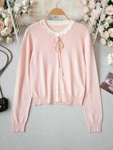 Fashionable Soft Pink Round Neck Tie-Front Knitted Cardigan Women's Autumn/Winter New Contrast Trim Loose Soft Sweet Sweater Jacket - Pink - View 6