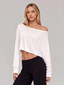 Sodalemon Women's Drop Shoulder Fitness Yoga Long Sleeve T-Shirt, Loose Casual Sports Workout Top, Running Training Cover-Up - White - View 4