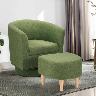 Silla giratoria de acento con otomana, sillón moderno de barril, mueble de descanso cómodo de un solo asiento con reposapiés para dormitorio y sala de estar, estilo contemporáneo, verde, juego de 2 piezas