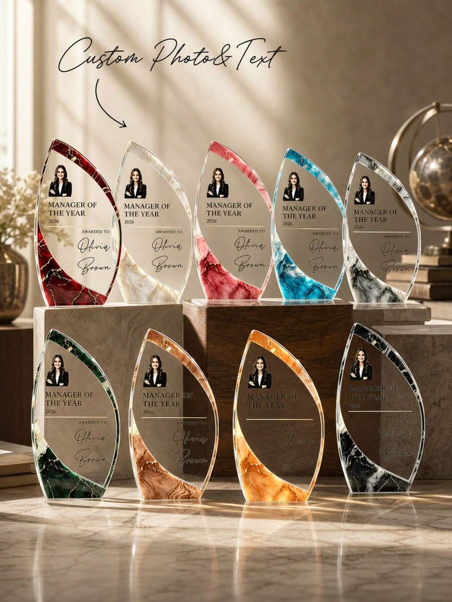 1pc Custom Photo And Text Acrylic Award Plaque, Personalized Manager Of The Year Recognition Trophy, Marble Style Desk Display Gift For Employee Appreciation, Boss Day, Corporate Honor, Office Celebration, Team Leader Thank You Keepsake - Multicolor - View 1