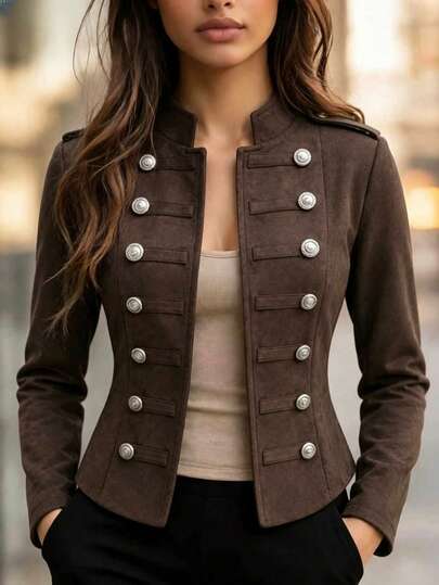 Women's High-Quality Vintage Court Style Stand Collar Double-Breasted Silver Button Suede Napoleon Jacket, Slim Fit Waist Motorcycle Jacket, Solid Color Front Double-Button, Suitable For Office Daily Wear, Autumn/Winter, Petite Size