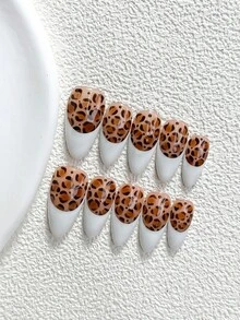 10片豹紋法式風格手工穿戴甲，Polygel美甲套組，豹紋白色美甲，復古美拉德風，附美甲工具，3種尺寸可選，杏仁/鴨嘴/棺材形，適合派對、跳舞、日常配戴 - 彩色 - 查看 18