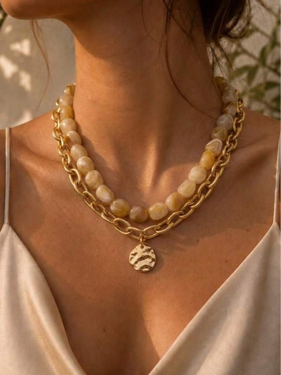 2pcs Fashion Elegant Round Sequin Pendant Necklace For Women, Vacation Date Birthday Party Personalized Versatile Holiday Gift - Multicolor - View 1