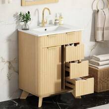 61 Cm Freestanding Bathroom Cabinet With Decorative Wave Design, Warm Natural Wood Tone, 3 Drawers And Sliding Door With Shelf – Faucet Not Included - Natural Color - View 3