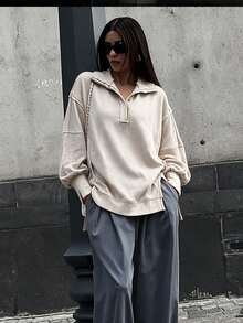 Jaket Sweatshirt Wanita Warna Polos dengan Bahu Longgar, Lengan Panjang, Kerah Polo, Gaya Street Wear, Musim Gugur/Dingin/Semi, Hoodie dengan Belahan untuk Wanita Keren - Aprikot - View 1
