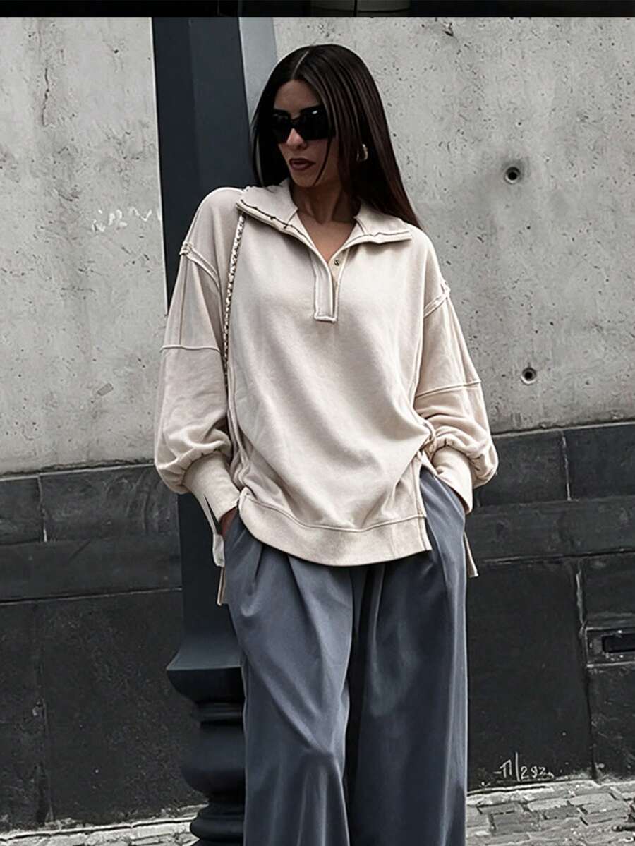 Jaket Sweatshirt Wanita Warna Polos dengan Bahu Longgar, Lengan Panjang, Kerah Polo, Gaya Street Wear, Musim Gugur/Dingin/Semi, Hoodie dengan Belahan untuk Wanita Keren - Aprikot - View 1