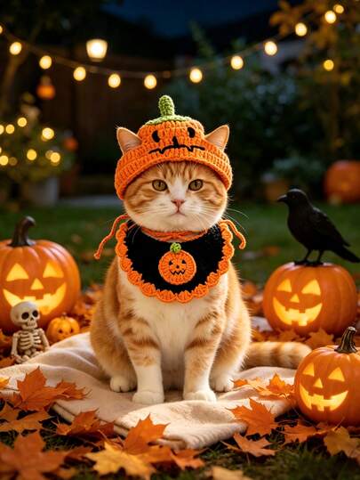 2pcs Pet Cat Dog One Size (1.5kg-12kg) Halloween Funny Handmade Knitted Scarf, Drool Bib Set, Cat Dog Ghost Monster Collar Neck Warmer, Atmospheric Holiday Cosplay Costume Accessory, Soft Skin-Friendly Knitted Fabric, Universal For Small And Medium Dogs And Cats, Halloween Party Photo Decoration Scarf, Pet Holiday Outfit Accessory, Halloween Gift