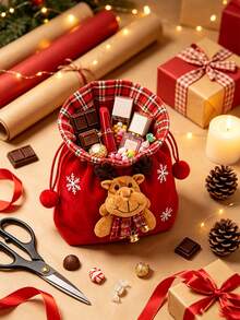 1pc Christmas Gift Bag With Plush Decoration, Portable Handle And Drawstring Closure. Multiple Styles Available. Perfect Storage Bag For Christmas Eve Small Gifts, Ideal For Holiday Gifting And Party Decoration. - Multicolor - View 7