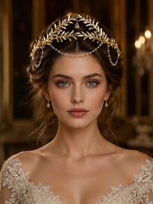 Gold Leaf Water Drop Crystal Rhinestone Forehead Hair Chain, Bohemian Greek Goddess Bridal Headpiece, Crown, Wedding Hair Accessory, Suitable For Ball, Party, Pageant - Multicolor - View 1