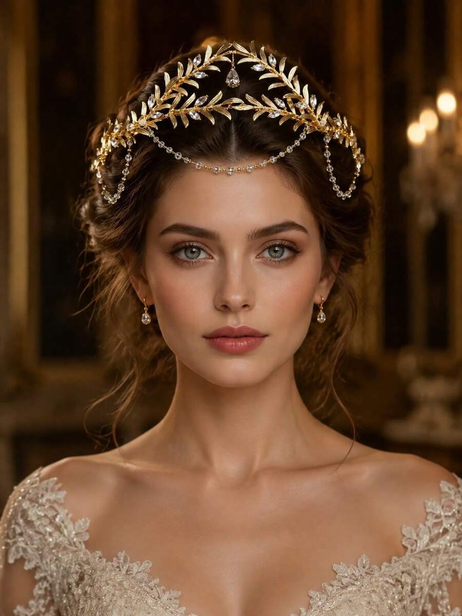 Gold Leaf Water Drop Crystal Rhinestone Forehead Hair Chain, Bohemian Greek Goddess Bridal Headpiece, Crown, Wedding Hair Accessory, Suitable For Ball, Party, Pageant - Multicolor - View 1