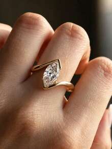 1pc Gold 2ct Women's Ring, Inlaid With High-Shine Marquise Cut Cubic Zirconia. Suitable For Daily Commute And Dating. Luxury Gift Jewelry For Women. - Gold - View 2