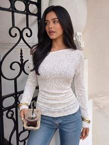 Elegant Fashion Asymmetrical Shoulder Asymmetric Cutout Lace Side Ruched Fitted Long Sleeve Women's Top Spring Autumn New - White - View 2