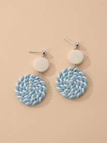 1 Pair Women's Bohemian Style Soft Clay Woven Round Pendant Earrings, Natural Wood Patchwork Contrast Color Earrings, Vintage Vacation Style Niche Earrings, Daily Wear Beach Party Date Accessories - Multicolor - View 2