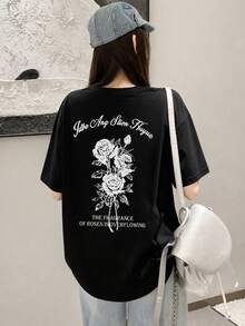 Women's Round Neck Loose Casual Letter & Rose Flower Print Short Sleeve T-Shirt, Spring/Summer Black - Black - View 3
