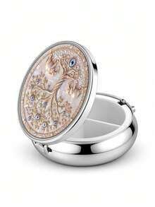 1pc Elephant & Blue Eye Tree Of Life Pattern Round Metal Pill Box, 3-Compartment Portable Storage Box, Pill Vitamin Small Accessory Organizer, Pocket Size, Home Outdoor Travel Carry, Durable, Compact Elegant Creative Gift - Multicolor - View 5