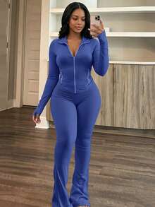 Women's Casual Stand Collar Long Sleeve Solid Color Zip-Up Fitted Top And Yoga Pants Set, Spring Outfit Elegant - Blue - View 1