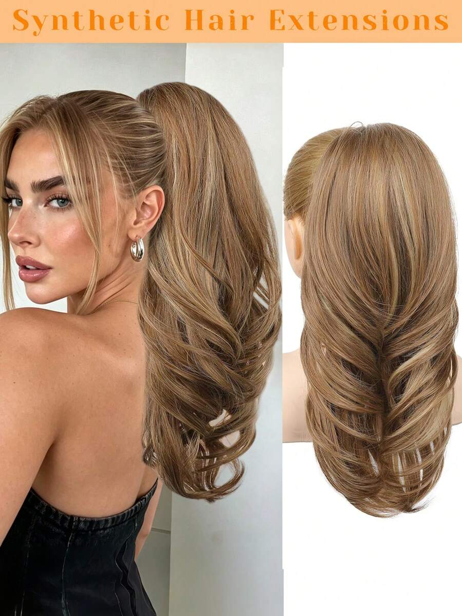 18 Inch Long Wavy Multi-Layer Clip-In Ponytail Hair Extension, High Ponytail, Soft Hair Piece, Light Brown/Blonde Highlights