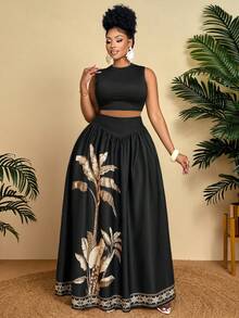 BIUBIU Plus Size Formal Two Pieces Outfit For Women With Round Neck Sleeveless Crop Top And Palm Tree Print Maxi Skirt, Elegant Plus Size Co-Ord Set - Brown - View 1