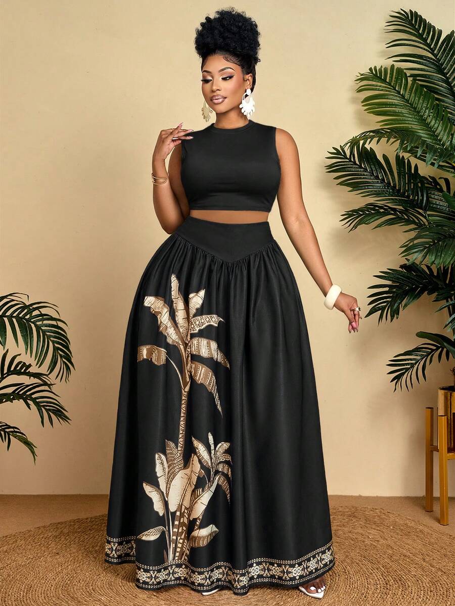 BIUBIU Plus Size Formal Two Pieces Outfit For Women With Round Neck Sleeveless Crop Top And Palm Tree Print Maxi Skirt, Elegant Plus Size Co-Ord Set - Brown - View 1