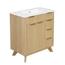 81 Cm Freestanding Bathroom Cabinet With Decorative Wave Design, Warm Natural Wood Tone, 3 Drawers And Double Doors With Shelf – Faucet Not Included - Natural Color - View 6
