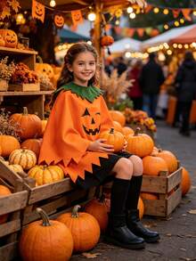 Halloween Pumpkin Cape With Green Leaf Collar And Jagged Hem, Holiday Party Cosplay Costume Shawl - Multicolor - View 4