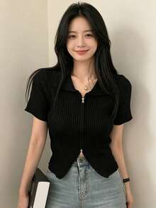 YCYC Spring/Summer Casual Solid Color Short Sleeve Double Zipper Cardigan - Black - View 2