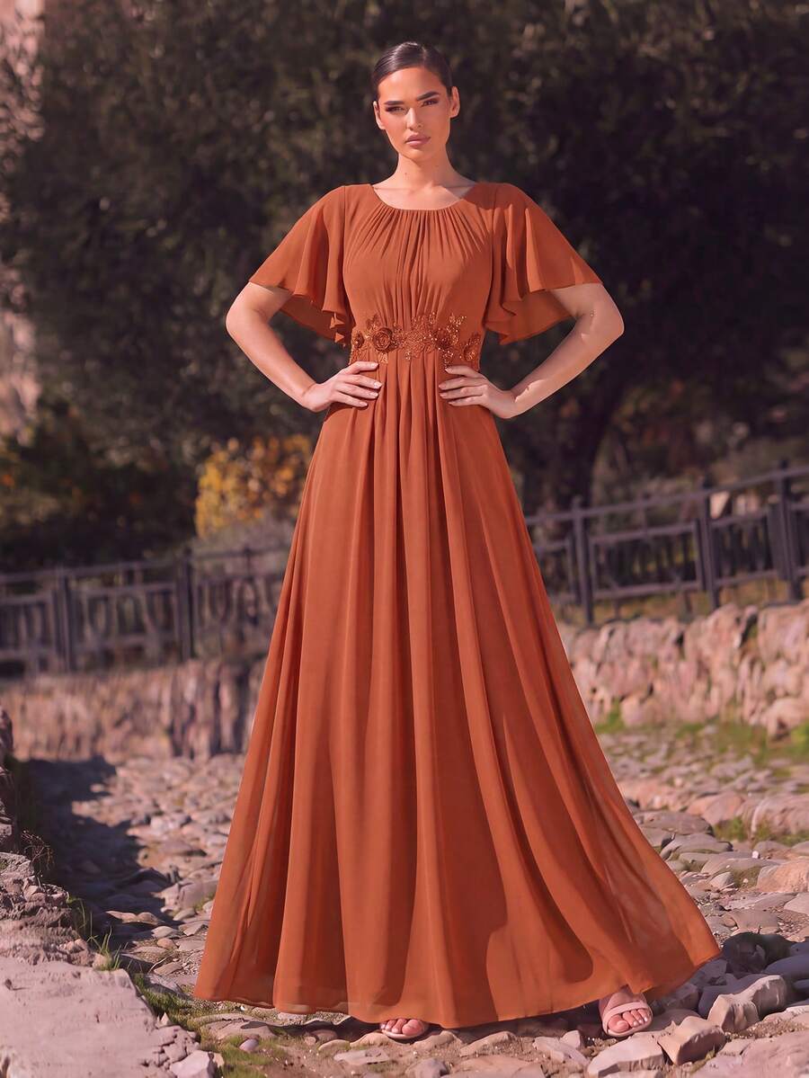 EVERPRETTY 女款焦橙色新娘母親禮服，荷葉邊袖口、刺繡腰部、百褶A字長裙，秋季婚禮穿搭 - 亮橙色 - 查看 1