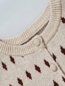 minisummer Kardigan Rajut Jacquard Motif Berlian Warna Beige Elegan untuk Wanita Musim Gugur, Sweater Coat Kerah Bulat Kancing Depan Lengan Panjang dengan Saku - Unta - View 4