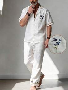 GOLDREDY Bird & Floral Print Linen Men's Breathable Collared Shirt And Drapey Floor-Length Wide Leg Pants Beach Casual 2 Pieces Set - White - View 4