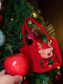Christmas Felt Square Treat Gift Tote Bag, Handheld Holiday Goody Pouch With Adorable Reindeer Applique Bow Bell Detail, Festive Apple Candy Storage Bag For Xmas Party Home Gifting Adults, Cute Winter Favor Sack For Holiday Celebrations - Multicolor - View 6