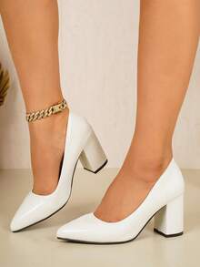 1 Pair Women's Shiny Pointed Toe Chunky Heel High Heel Pumps, Low Vamp, For Spring/Autumn, Outdoor Wear And Commuting - White - View 3