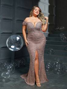 Women's Plus Size Glamorous Rose Gold Sequin Off Shoulder Floor-Length Slit Pleated Design Party Evening Dress - Rose Gold - View 4