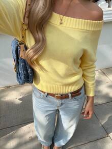Women's Yellow Ribbed Knit Cold Shoulder Long Sleeve Sweater, Autumn/Winter Top - Yellow - View 3