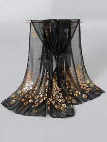 1pc Elegant Solid Color Peacock Print Scarf, Minimalist Gold Foil Phoenix Feather Design, Lightweight Comfortable Travel Accessory Shawl For Women - Multicolor - View 17