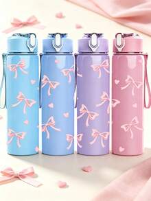 1/5Pcs 25oz Plastic Water Bottle, Sweet Pink Ribbon Bow Knot Heart Allover Print, Flip-Top Portable Leak-Resistant Drink Cup With Lanyard, Fit For Commute Office Gym Short Trip, Thoughtful Gift For Close Friends Relatives For Daily Use - Light Pink With Bow - View 1