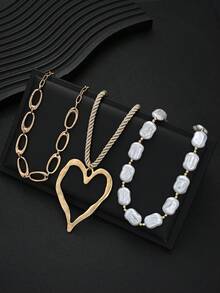 3pcs Simple Fashion Multi-Layer Faux Pearl Exaggerated Heart & Geometric Pattern Necklace Set For Women, Sisters, Holiday, Vacation, Party, Date, Gift, Daily Commute, Personalized Outfit - Yellow Gold - View 7