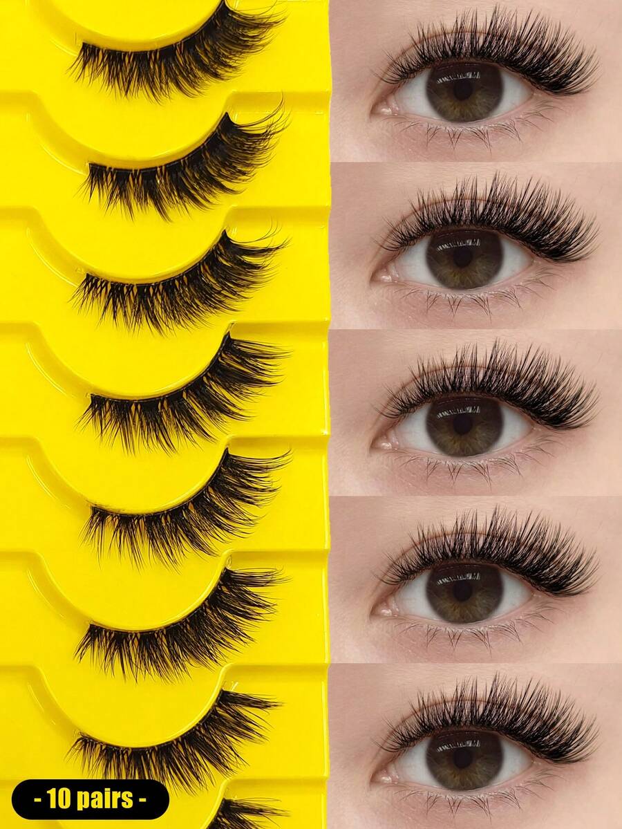 10 Pairs Half False Eyelashes Natural Makeup Look Cat Eye Cartoon Style Clear Band Short Soft Thin Fluffy Faux Mink Outer Corner Lash Extensions - Black - View 1