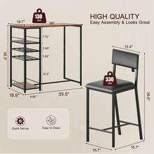 Space-Saving Industrial Dining Table Set For 2 – Upholstered Chairs, Metal Frame, Open Storage Shelves, Integrated Glass Holder – Counter Height For Restaurants, Cafés, Small Apartments - Retro Color - View 5