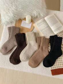 5 Pasang Kaos Kaki Wanita Minimalis Warna Polos Bahan Terry Setinggi Betis untuk Musim Gugur/Dingin - MultiWarna - View 1
