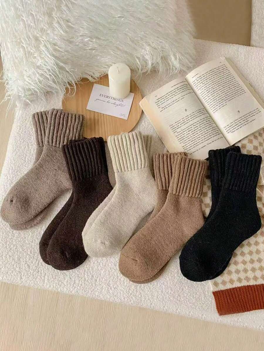 5 Pasang Kaos Kaki Wanita Minimalis Warna Polos Bahan Terry Setinggi Betis untuk Musim Gugur/Dingin - MultiWarna - View 1