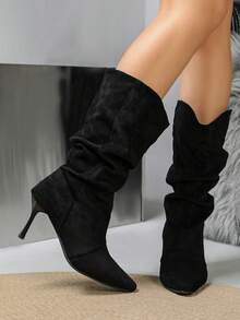 NANBEI ZUO Women's Sleeveless Pleated Pointed Toe Stiletto Mid-Calf Boots, Versatile For Daily Wear, Suitable For Street Style, Commuting And Christmas Outings - Black - View 7