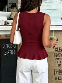 1pc Solid Color Knit Fabric Ruffle Trim Casual Top, Summer - Burgundy - View 6