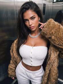 Women's Casual Knitwear Button Front Slim Fit Cropped Tube Top For Winter Fall Daily Wear, Going Out - White - View 3