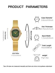 1pc Women's Octagonal Vintage Luxury Quartz Watch, Gold Alloy Case With Rhinestone Bezel, Minimalist Dial, Elegant Gold Alloy Strap - Green - View 6