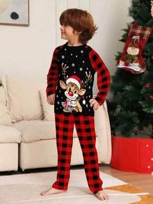 Christmas Theme Reindeer Print Pajama Set 2pcs Flame Retardant Fabric Raglan Sleeve Design Long Sleeve Top Plaid Pants Children's Holiday Loungewear Set Christmas Gift - Multicolor - View 4